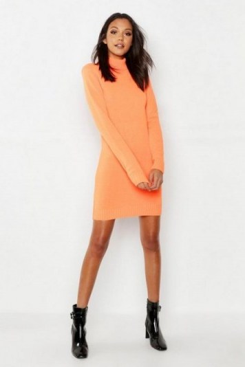 boohoo Tall Roll Neck Jumper Dress in Neon-Orange - flipped