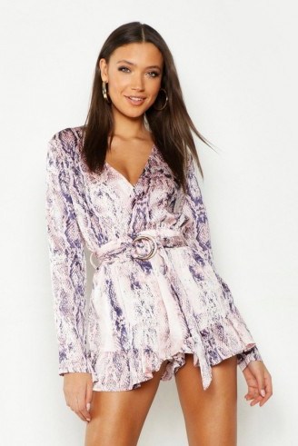 boohoo Tall Snake Print Tortoise Shell Buckle Playsuit in Blush ~ glamorous prints ~ going out fashion - flipped