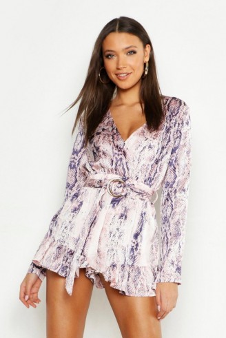 boohoo Tall Snake Print Tortoise Shell Buckle Playsuit in Blush ~ glamorous prints ~ going out fashion