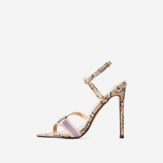 EGO Tasmin Square Toe Barely There Heel In Nude Snake Print Faux Leather ~ glamorous strappy heels - flipped