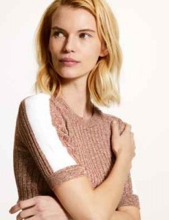 M&S COLLECTION Textured Round Neck Short Sleeve Jumper in light tan mix / ribbed knit crew neck - flipped