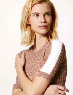 M&S COLLECTION Textured Round Neck Short Sleeve Jumper in light tan mix / ribbed knit crew neck