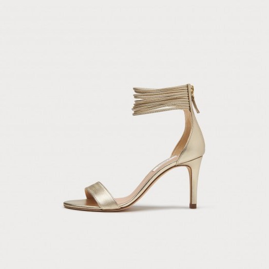 L.K. BENNETT TIFFANY GOLD LEATHER SPAGHETTI STRAP SANDALS ~ strappy metallic heels - flipped