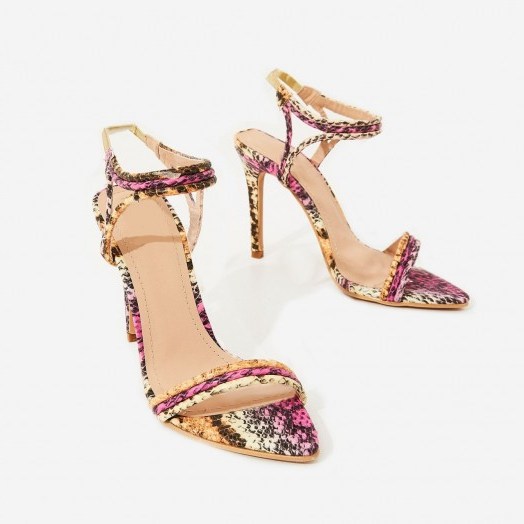 EGO Tilo Pointed Toe Barely There Heel In Pink Snake Faux Leather ~ multi coloured going out heels - flipped