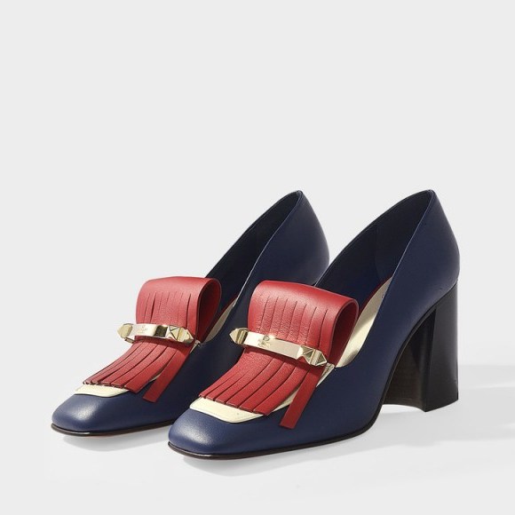 valentino garavani UPTOWN HIGH MOCCASSINS IN BLUE, IVORY AND RED CALFSKIN – smart blue and red leather chunky heeled shoes - flipped