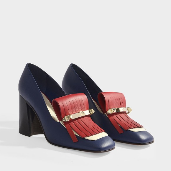 valentino garavani UPTOWN HIGH MOCCASSINS IN BLUE, IVORY AND RED CALFSKIN – smart blue and red leather chunky heeled shoes