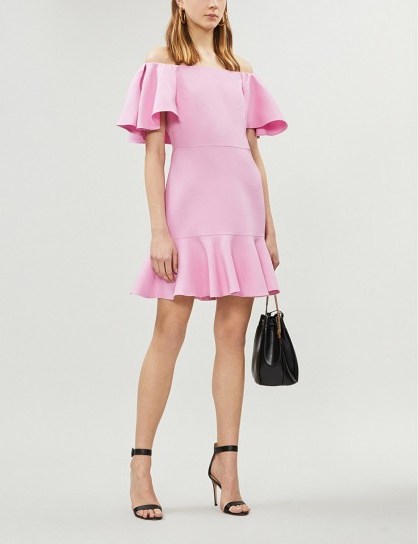 VALENTINO Off-the-shoulder wool and silk-blend mini dress in rose – pink ruffle trim bardot dresses - flipped