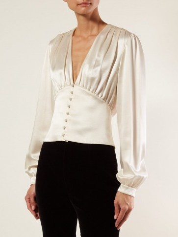 SAINT LAURENT V-neck satin blouse in Ivory ~ feminine blouses - flipped