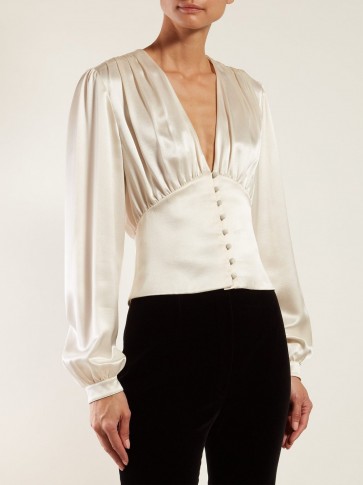 SAINT LAURENT V-neck satin blouse in Ivory ~ feminine blouses