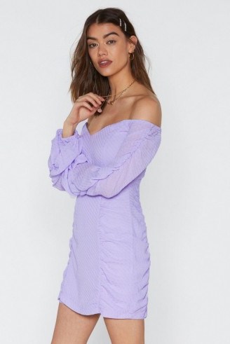 NASTY GAL What’s the Ruche Off-the-Shoulder Dress in lilac – light purple bardot dresses - flipped