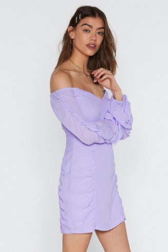NASTY GAL What’s the Ruche Off-the-Shoulder Dress in lilac – light purple bardot dresses