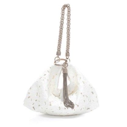 JIMMY CHOO CALLIE White Perforated Lace Fabric Clutch Bag – feminine accessory