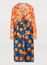 Dries Van Noten Printed midi dress in orange and blue floral. BOLD FLOWER PRINTS