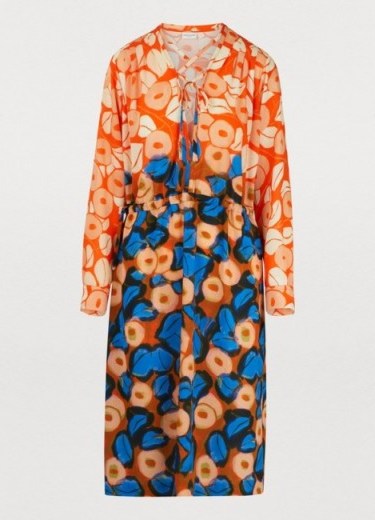 Dries Van Noten Printed midi dress in orange and blue floral. BOLD FLOWER PRINTS - flipped