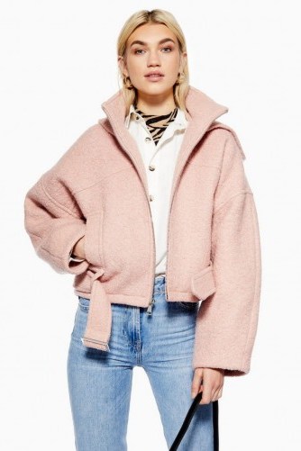TOPSHOP Wool Rich Hooded Jacket in Pink / belted bomber - flipped