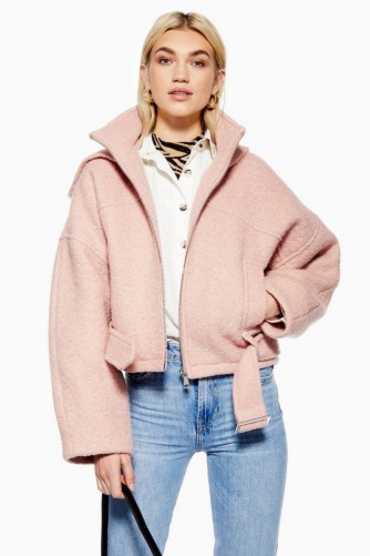 TOPSHOP Wool Rich Hooded Jacket in Pink / belted bomber