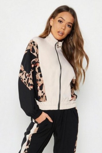 boohoo Woven Leopard Panel Zip Through in Pink ~ glamorous sporty look - flipped