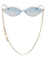 LINDA FARROW X Alessandra Rich cat-eye sunglasses and chain / Love Me slogan eyewear / blue-tinted lenses