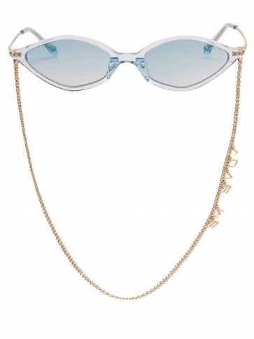 LINDA FARROW X Alessandra Rich cat-eye sunglasses and chain / Love Me slogan eyewear / blue-tinted lenses - flipped