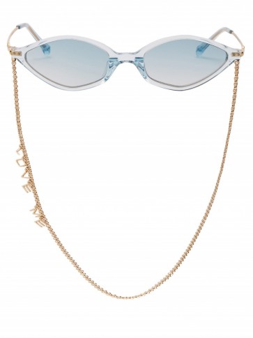 LINDA FARROW X Alessandra Rich cat-eye sunglasses and chain / Love Me slogan eyewear / blue-tinted lenses