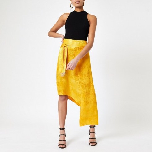 River Island Yellow snake jacquard midi skirt ~ bright asymmetric skirts - flipped