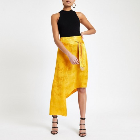 River Island Yellow snake jacquard midi skirt ~ bright asymmetric skirts