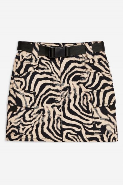 Topshop Zebra Clip Buckle Denim Skirt in Khaki | animal print skirts
