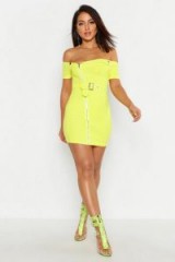 boohoo Zip Front Belted Mini Dress in Lime ~ bright bardot dresses