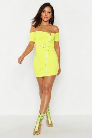 boohoo Zip Front Belted Mini Dress in Lime ~ bright bardot dresses - flipped