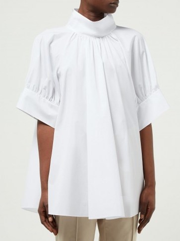 THE ROW Abel gathered stand-collar cotton-poplin blouse in white - flipped