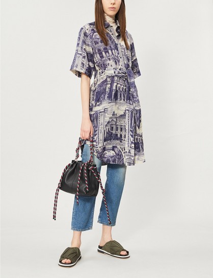 ACNE STUDIOS Dellah theatre-print belted linen shirt dress in blue / taupe