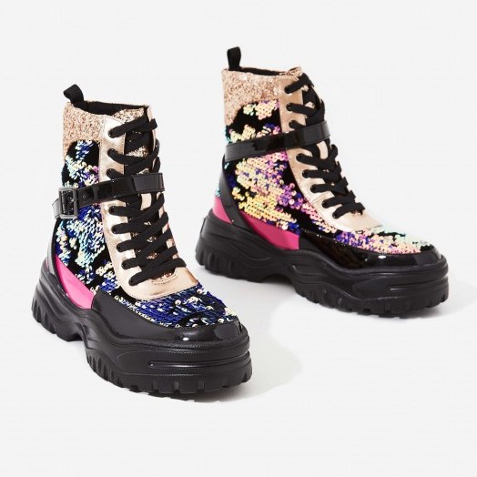 EGO Aleena Chunky Sole Lace Up Ankle Boot In Multi Colour ~ sequinned combat boots - flipped