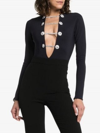 Alessandra Rich V-Neck Rhinestone Embellished Bodysuit in Black | deep V-plunging neckline - flipped