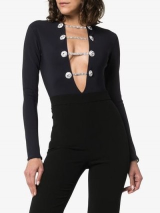 Alessandra Rich V-Neck Rhinestone Embellished Bodysuit in Black | deep V-plunging neckline