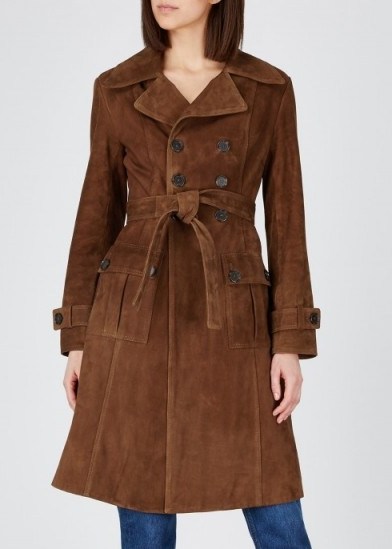 ALEXA CHUNG Dark-brown suede trench coat ~ luxe waist tie coats - flipped