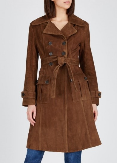 ALEXA CHUNG Dark-brown suede trench coat ~ luxe waist tie coats