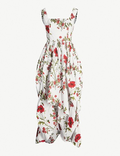 ALEXANDER MCQUEEN Poppy floral-pattern cotton-poplin midi dress in ivory mix ~ summer event wear ~ garden party clothing