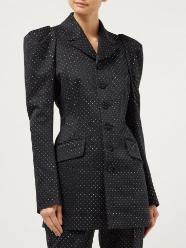 ERDEM Alfreda polka dot-jacquard cotton-blend blazer in black ~ fitted puff sleeved jackets - flipped