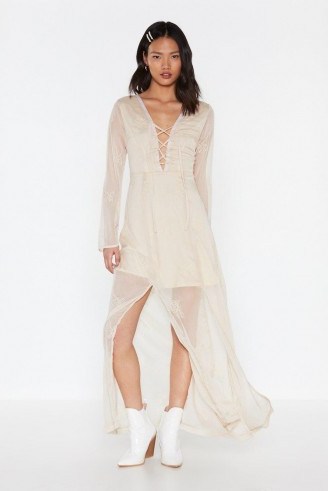 Nasty Gal All on Embroidered Lace-Up Maxi Dress in Cream – sheer overlay dresses - flipped