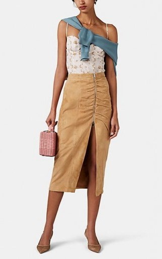 ALTUZARRA Pietro Suede Skirt in Tan | ruched front slit skirts - flipped