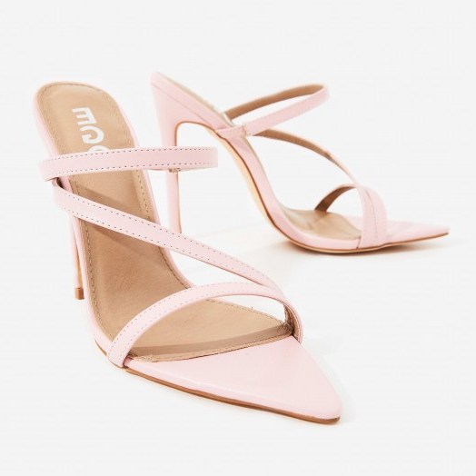 EGO Aria Toe Strap Heel Mule In Light Pink Faux Leather ~ strappy mules - flipped