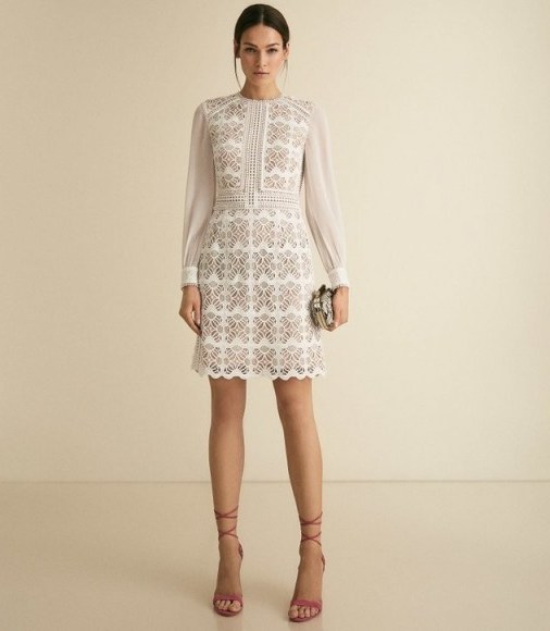 REISS ARIA GEOMETRIC LACE DRESS WITH SHEER SLEEVES WHITE ~ feminine event dresses - flipped