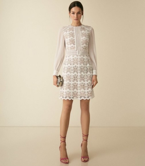 REISS ARIA GEOMETRIC LACE DRESS WITH SHEER SLEEVES WHITE ~ feminine event dresses