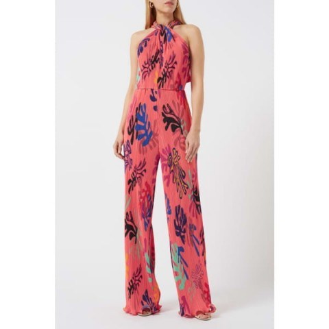 Artemisia Coral Pleated Jumpsuit by WtR | Wolf & Badger | loose fitted wide leg bottom paired with a halter neck top - flipped