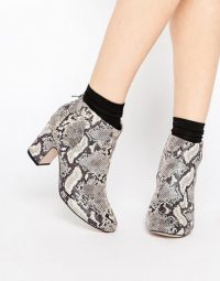 ASOS ROMANCE ME 60s Ankle Boots – as worn by Jade Thirlwall backstage at Good Morning Britain, 29 September 2015. Celebrity fashion | star style | what celebrities wear | Womens snake print footwear | Little Mix