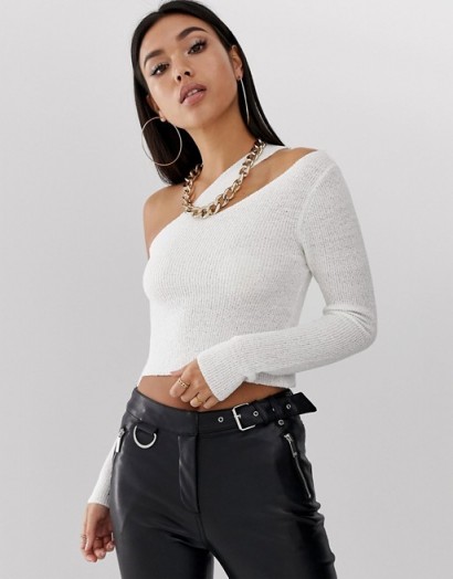 ASOS DESIGN asymmetric knitted top in white | cut-out crop tops