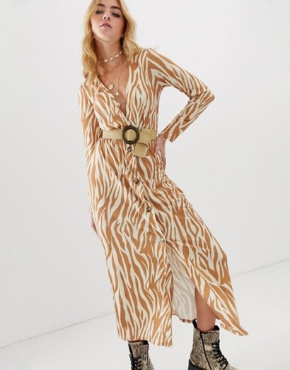 ASOS DESIGN button through belted maxi dress with belt in zebra print ~ animal stripes