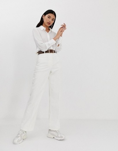 ASOS DESIGN cream cord suit slim kick flare trousers | high waist neutral pants for spring | corduroy fashion