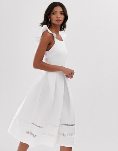 ASOS DESIGN lace insert ruffle back midi prom dress in ivory | cute fit and flare frock