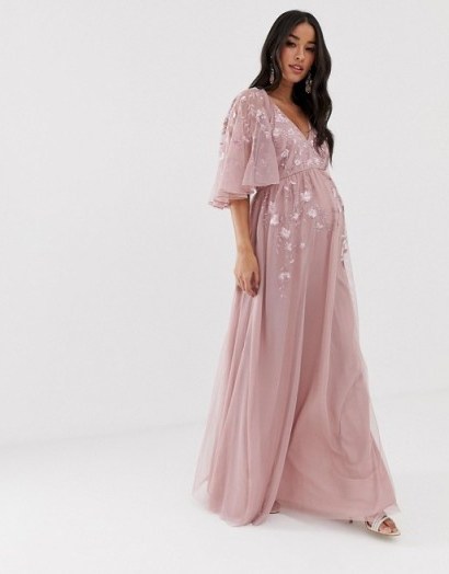 ASOS DESIGN Maternity flutter sleeve maxi dress in embroidered mesh in dusty pink - flipped